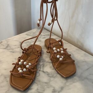 Stuart Weitzman Tan Sandals with Pearl Details